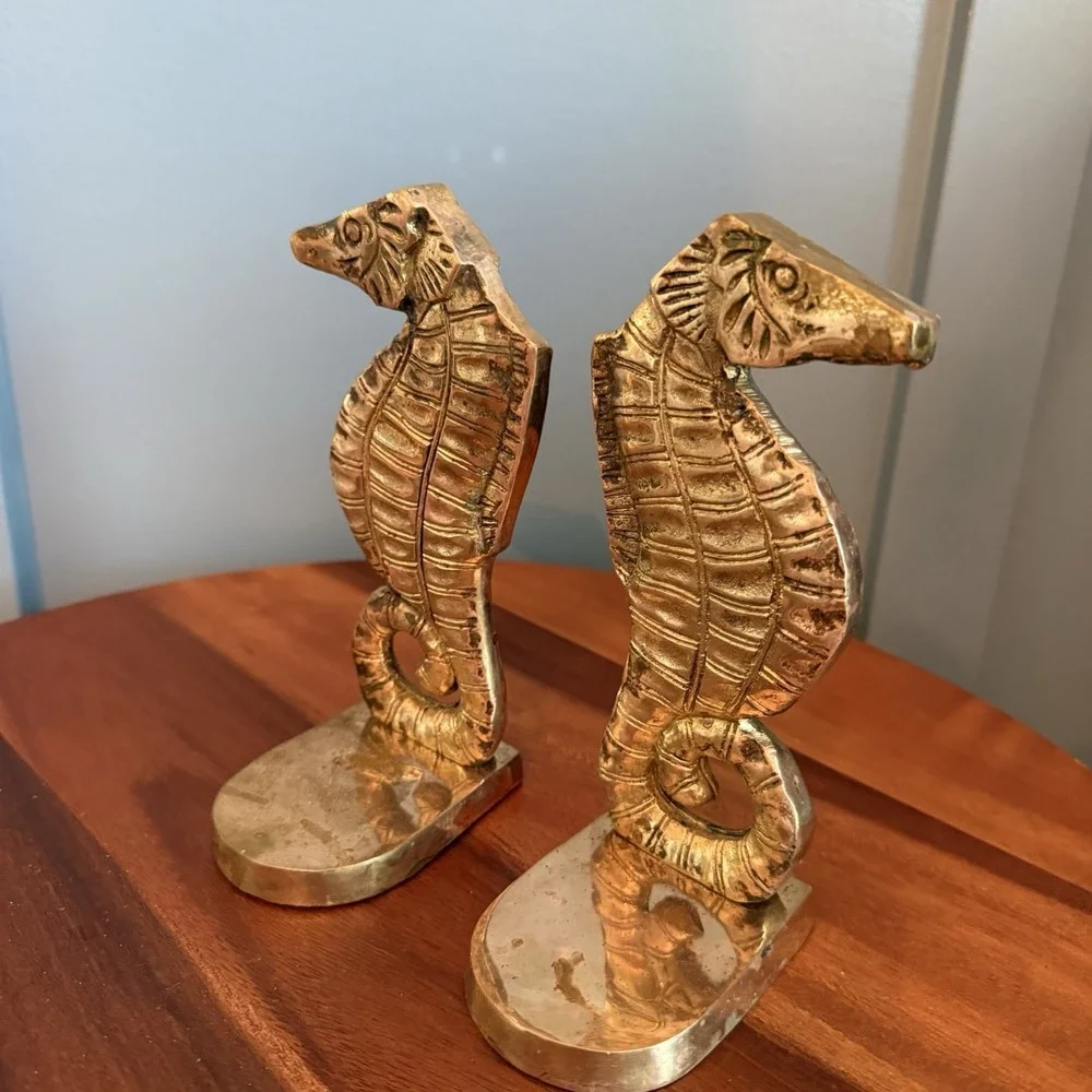 Vintage Brass Seahorse Bookends Pair Coastal Nautical Decor 7in